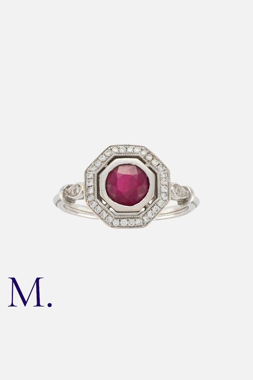 18k White Gold Ruby and Diamond Cluster Ring