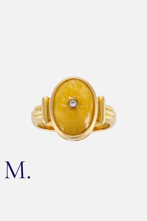 20k Yellow Gold Amber and Diamond Ring