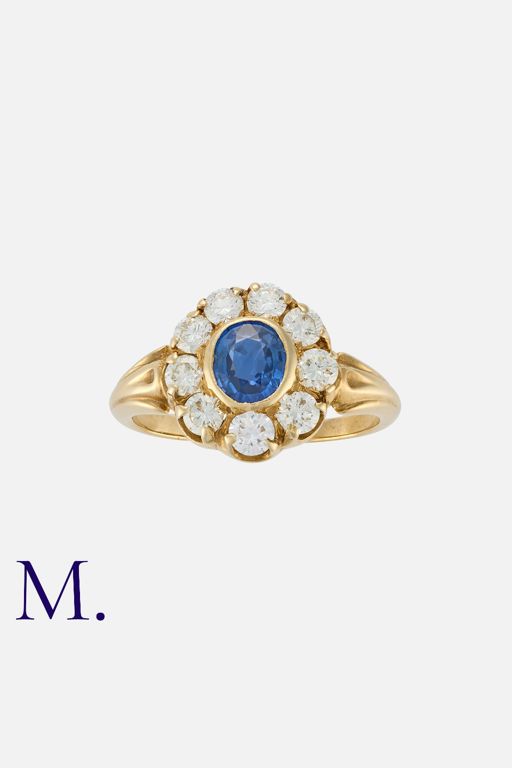 18k Yellow Gold Sapphire and Diamond Cluster Ring