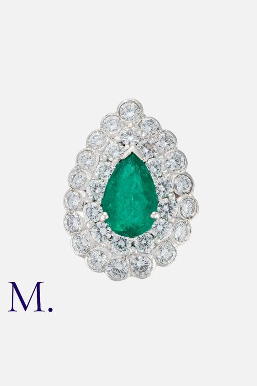 18k White Gold Emerald and Diamond Cluster Ring