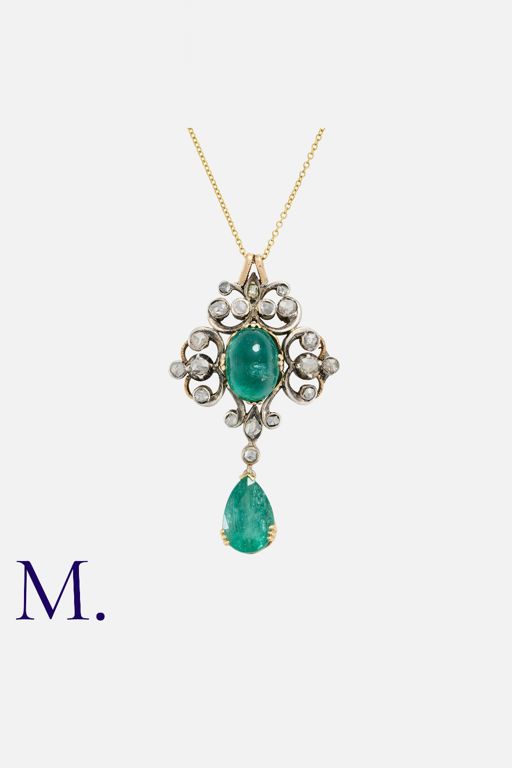 Gold, Silver, Emerald and Diamond Pendant Necklace