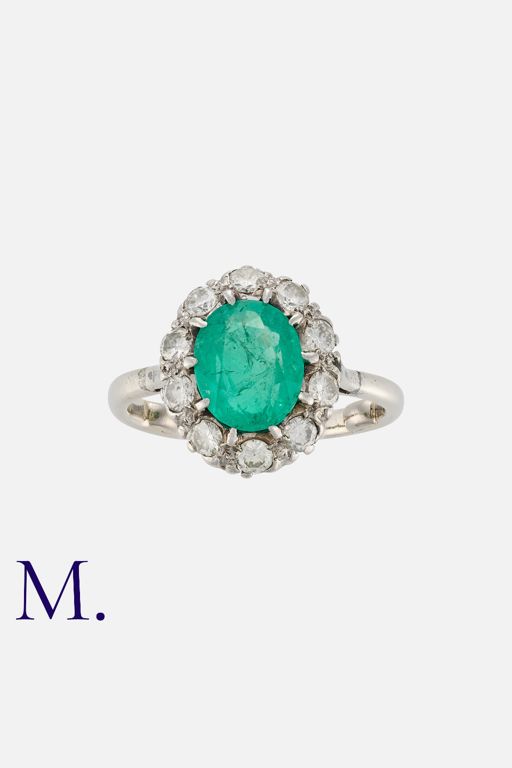 White Gold Emerald and Diamond Cluster Ring