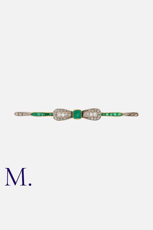 Gold and Platinum Emerald and Diamond Bow Brooch