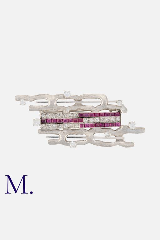 14k White Gold Ruby and Diamond Brooch
