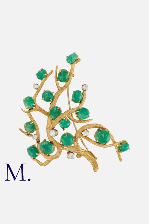 18k Yellow Gold Emerald and Diamond Brooch
