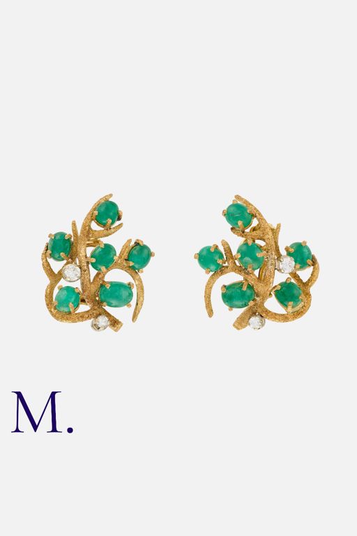 18k Yellow Gold Emerald and Diamond Earrings