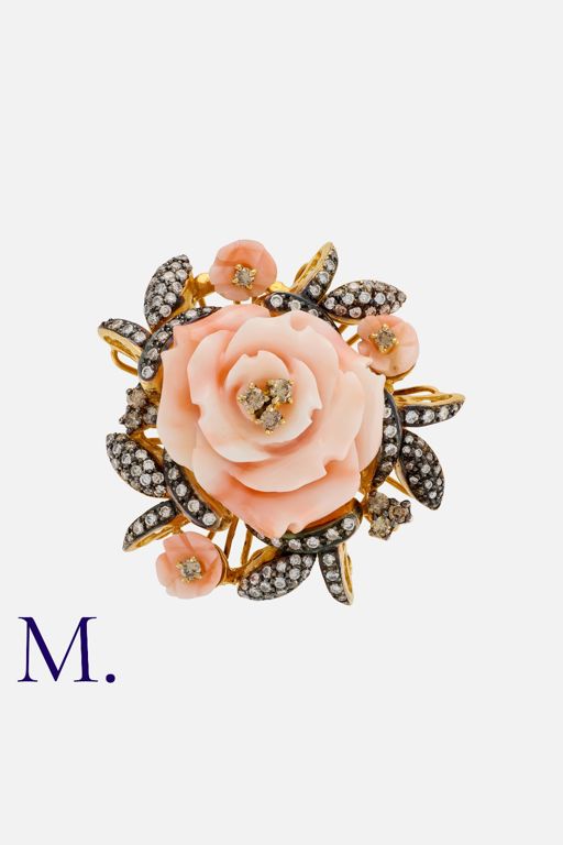 18k Yellow Gold Coral and Diamond Flower Ring