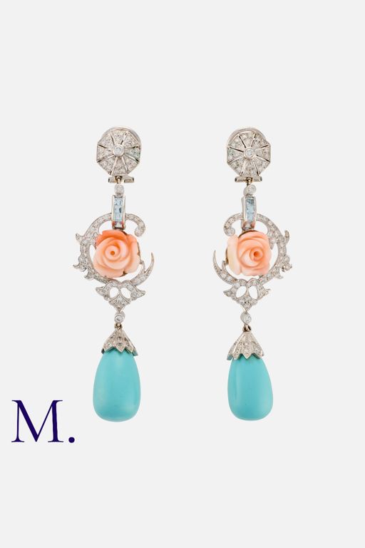 18k White Gold Multi-Gem Floral Pendant Earrings
