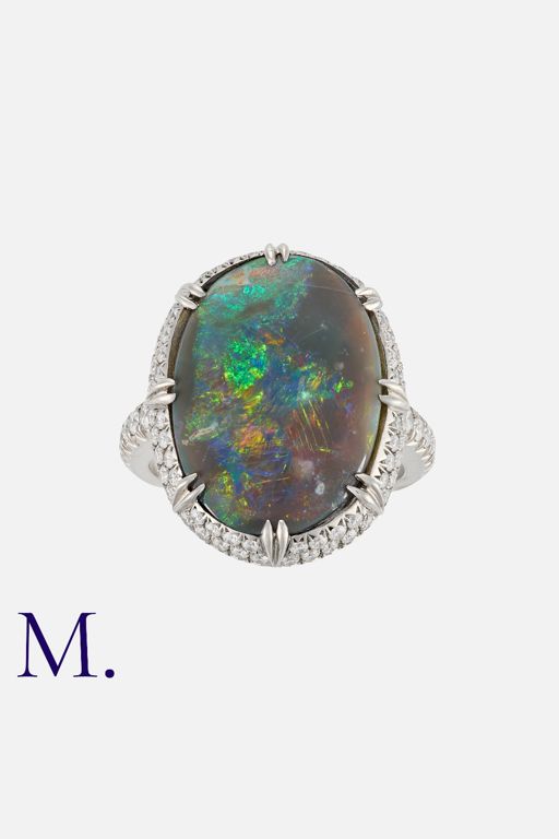 Platinum Opal and Diamond Ring
