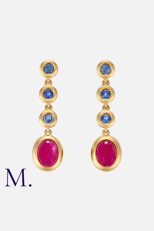 18k Yellow Gold Ruby and Sapphire Pendant Earrings