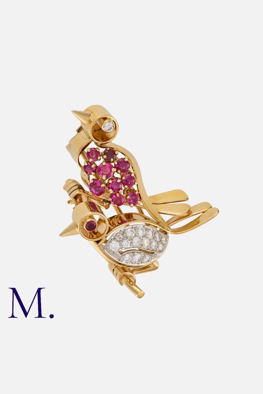 18k Yellow Gold Ruby and Diamond Bird Brooch