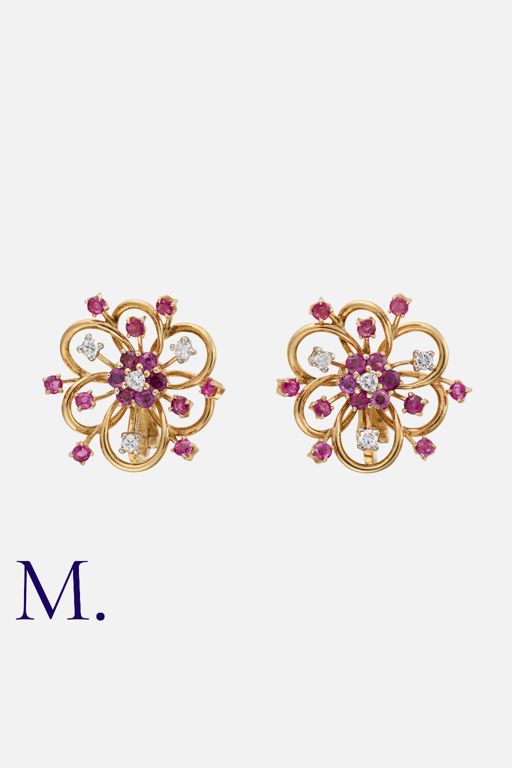 14k Yellow Gold Ruby and Diamond Floral Earrings