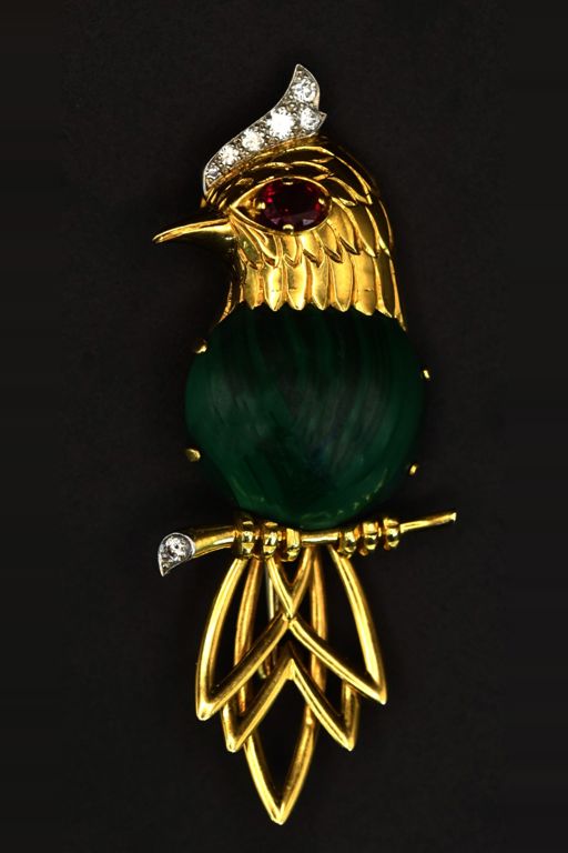 Gold Malachite Ruby and Diamond Brooch