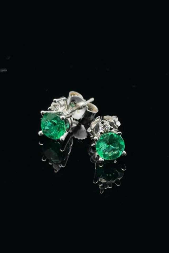 Pair of 14k Gold Emerald and Diamond Earrings