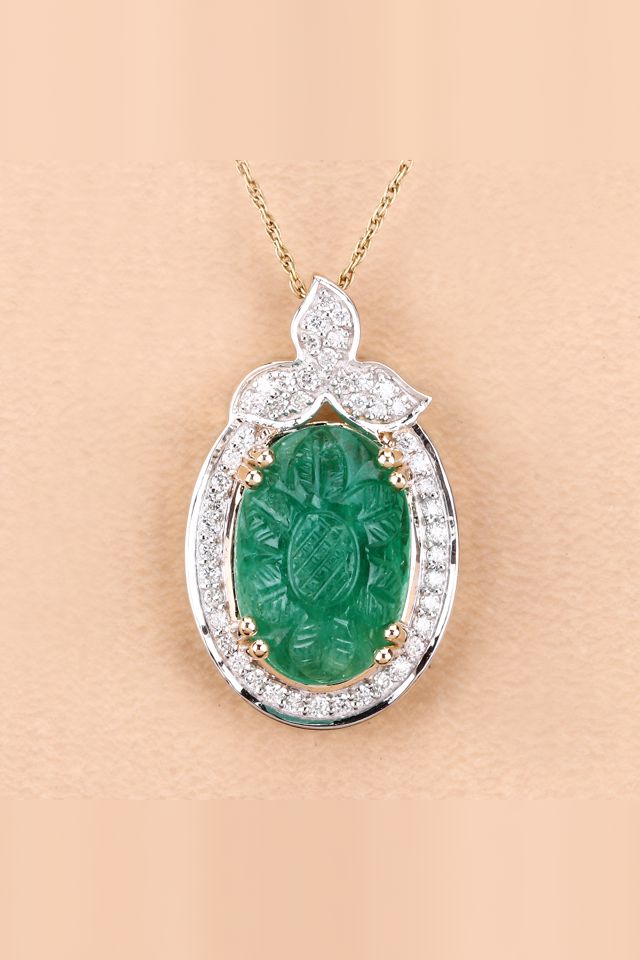 14k Gold Emerald and Diamond Pendant