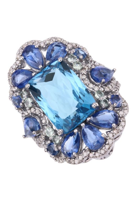 Sterling Silver Multi-Gem and Diamond Ring