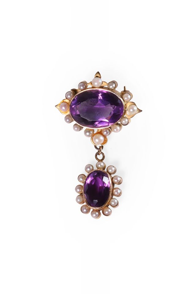 9k Gold Amethyst and Pearl Brooch