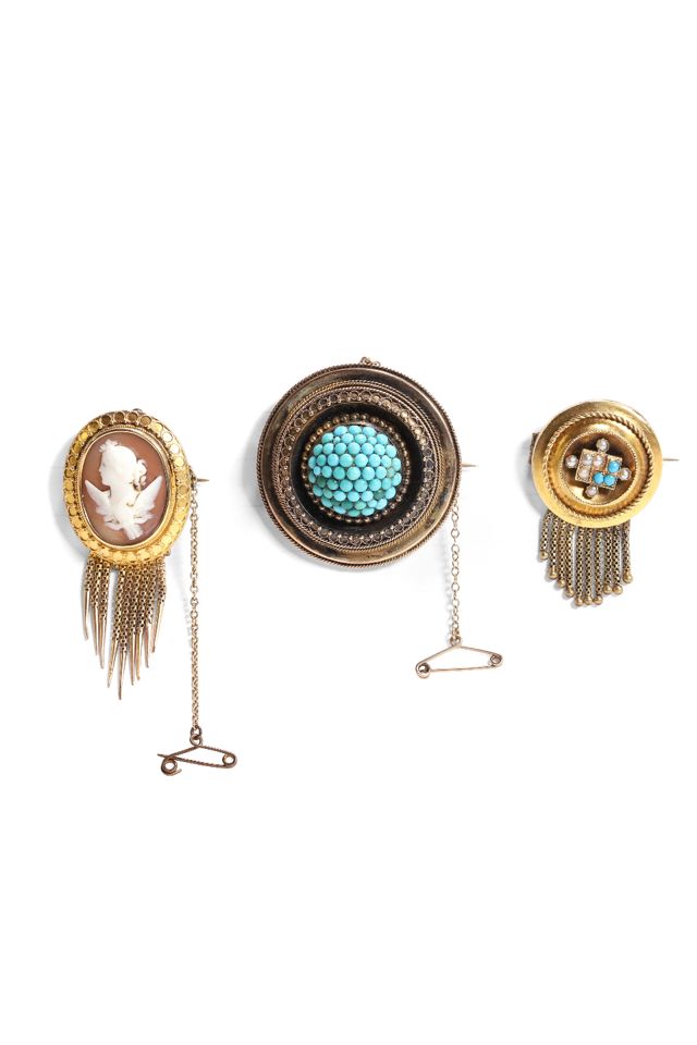 Three Gold Turquoise and Pearl Brooches