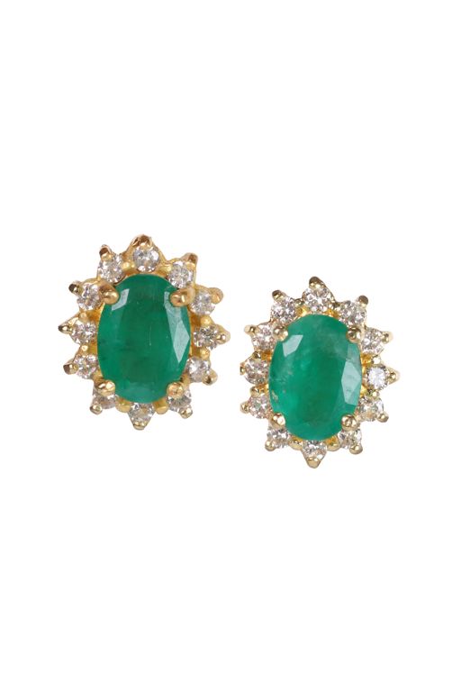 Pair of 18k Gold Emerald and Diamond Earrings