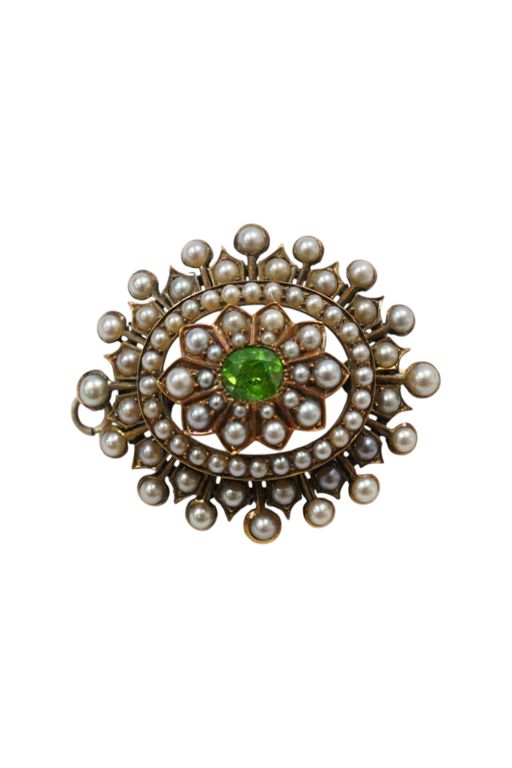 Yellow Metal Garnet and Pearl Pendant Brooch
