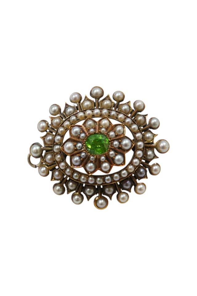 Yellow Metal Garnet and Pearl Pendant Brooch