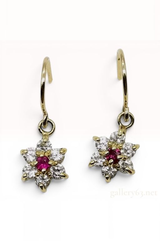 18k Gold Ruby and Diamond Floral Pendant Earrings