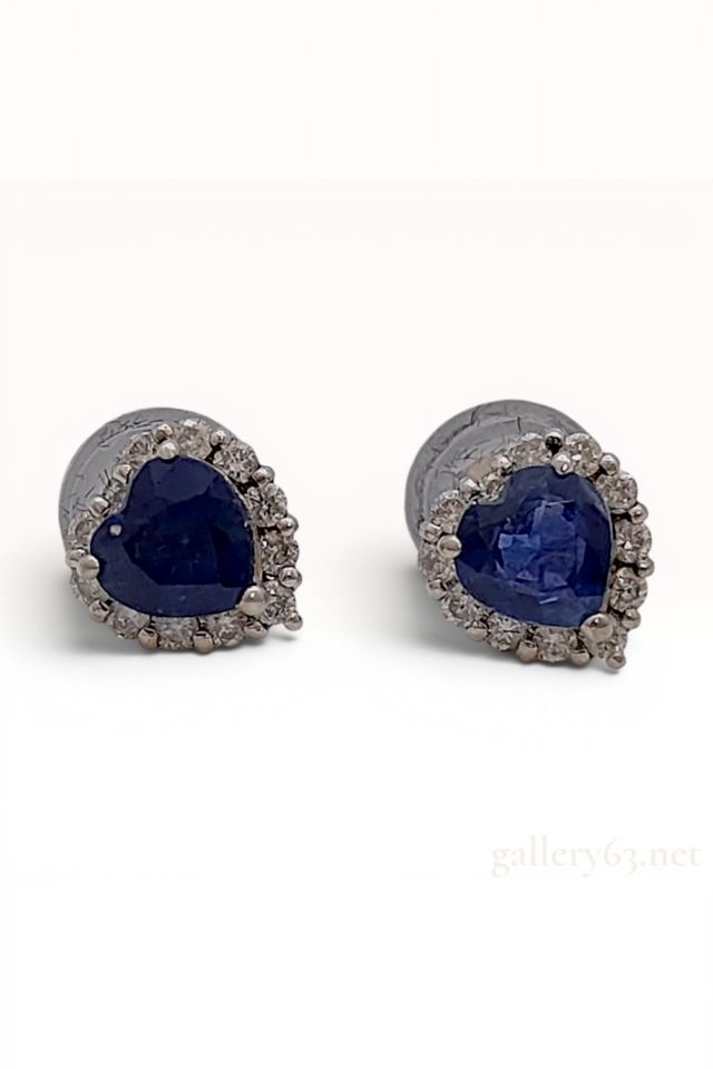 18k Gold Sapphire and Diamond Heart Stud Earrings