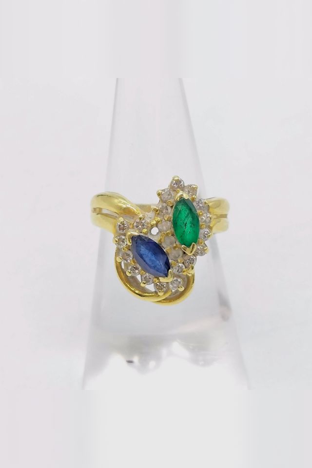 18k Yellow Gold Sapphire, Emerald and Diamond Ring