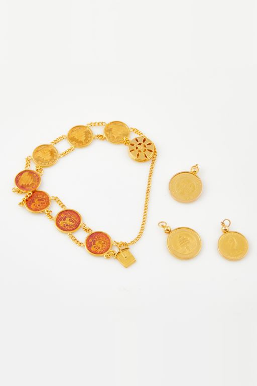 Three Gold Coin Pendants and Bracelet