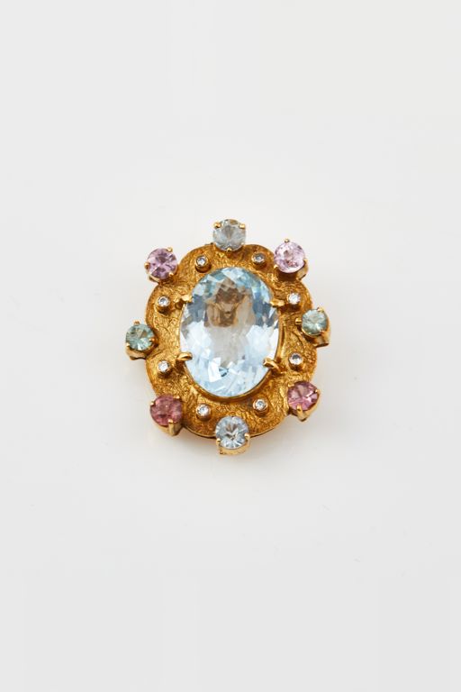 14k Gold Diamond and Stone Brooch