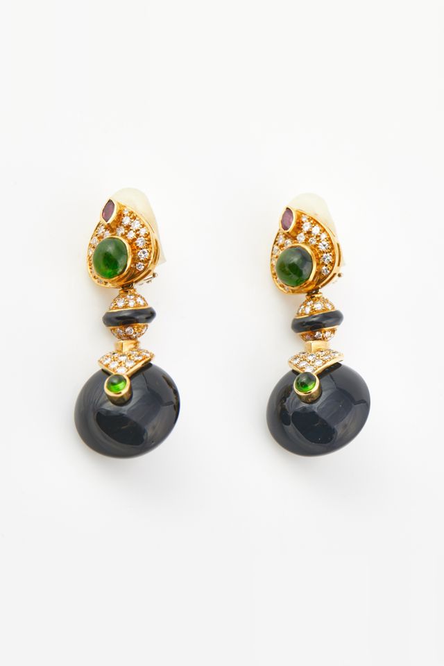 Pair of 18k Gold Diamond and Stone Earrings