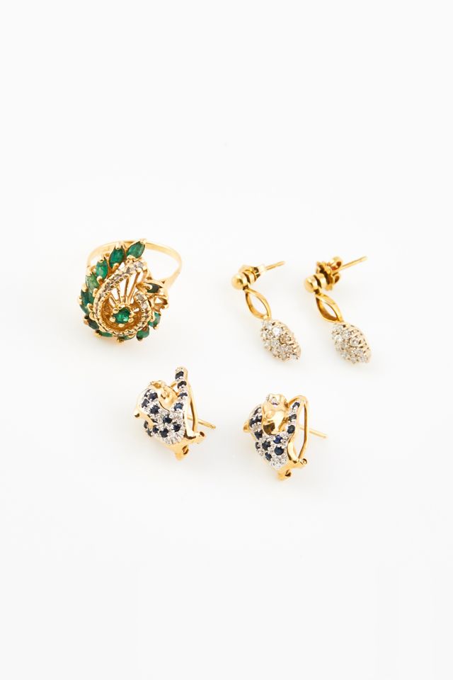 14k Gold Diamond and Stone Ring and Earrings