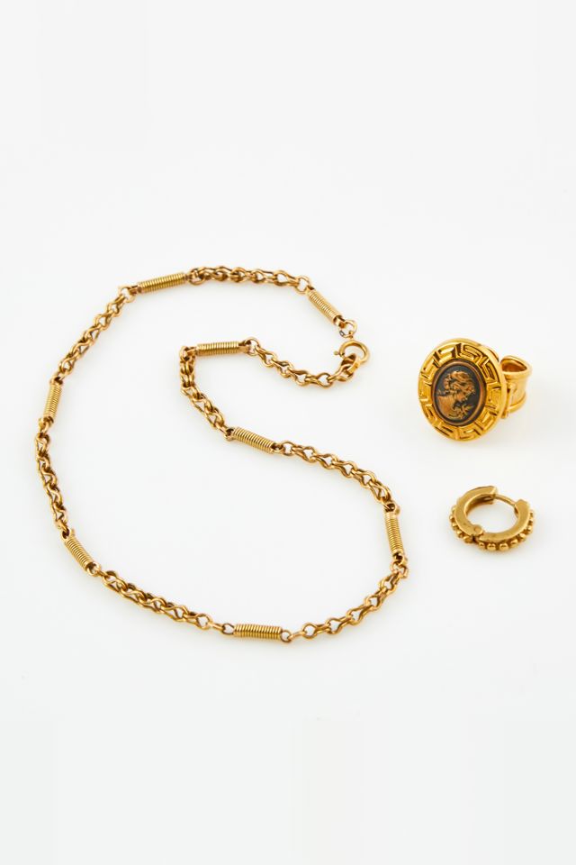 14k Gold Cameo Ring, Earring and Chain