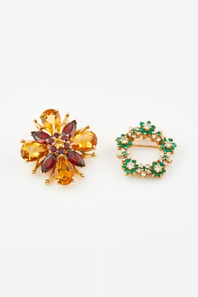 Two 14k Gold Diamond and Stone Brooches