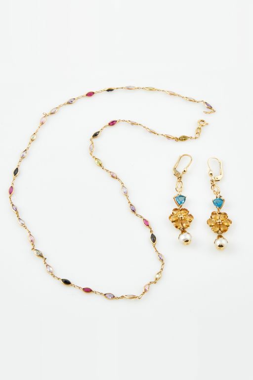 14k Gold Bead and Stone Earrings and Necklace