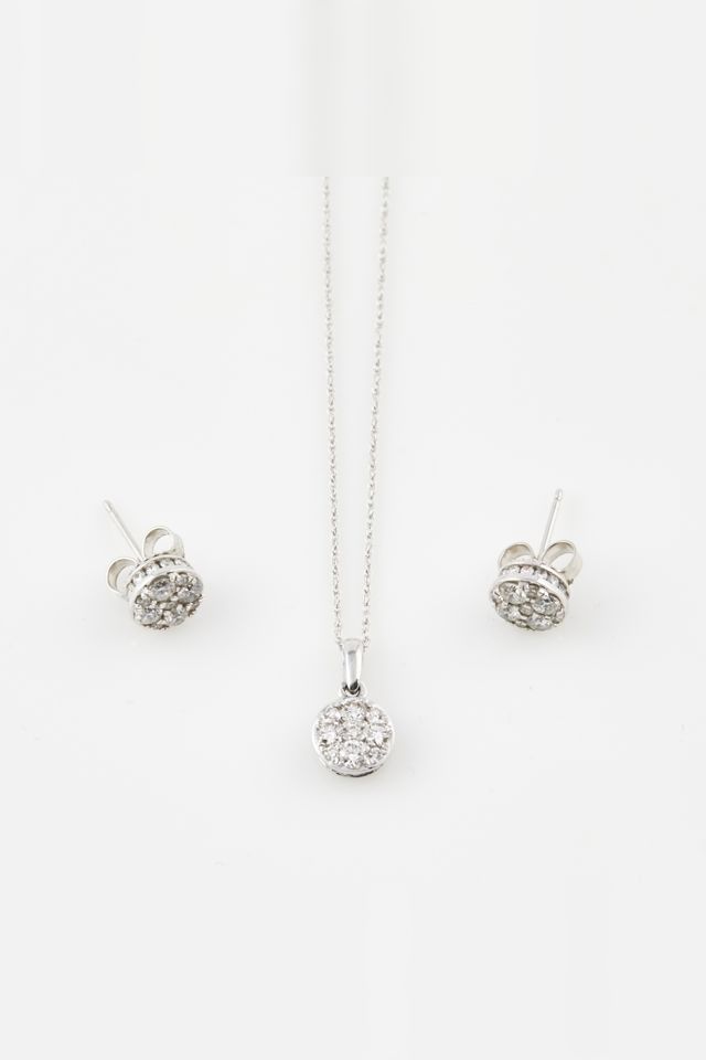14k Gold Diamond Pendant, Earrings and Chain