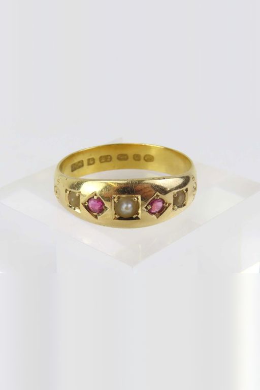 22k Yellow Gold Ruby and Pearl Gypsy Ring