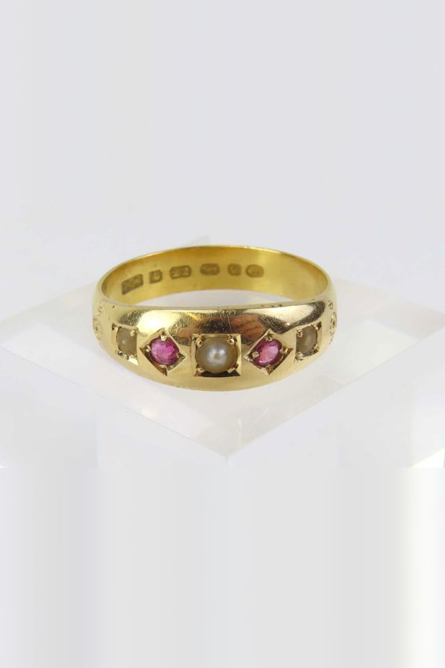 22k Yellow Gold Ruby and Pearl Gypsy Ring