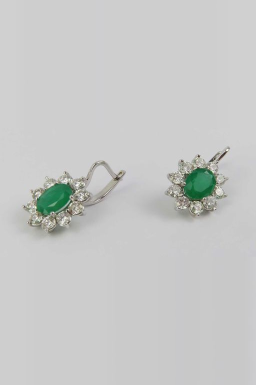 White Metal Emerald and Diamond Cluster Earrings