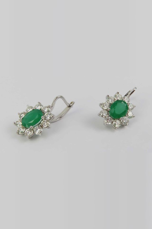 White Metal Emerald and Diamond Cluster Earrings