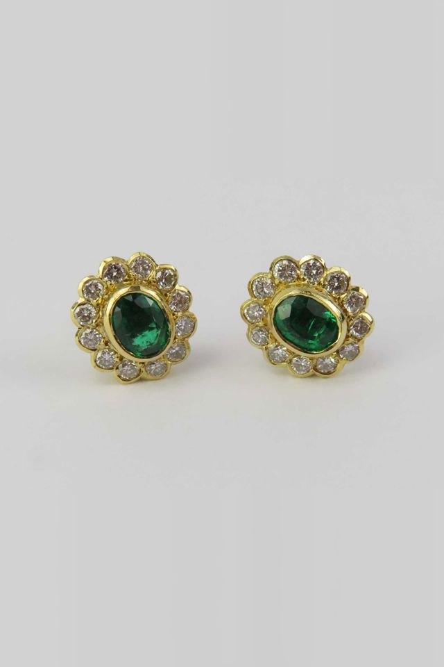 18k Yellow Gold Emerald and Diamond Stud Earrings