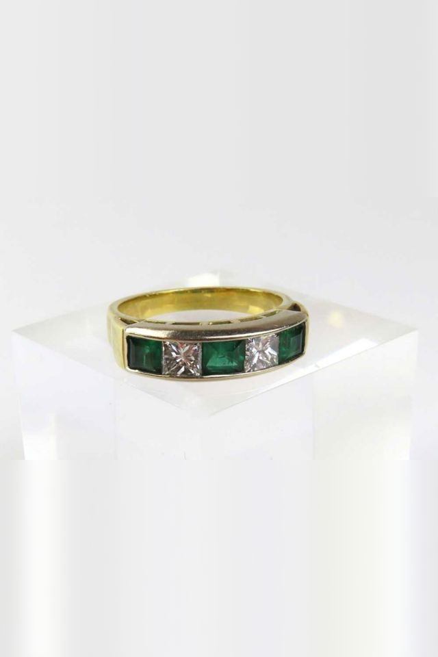 18k Gold Emerald and Diamond Half Eternity Ring