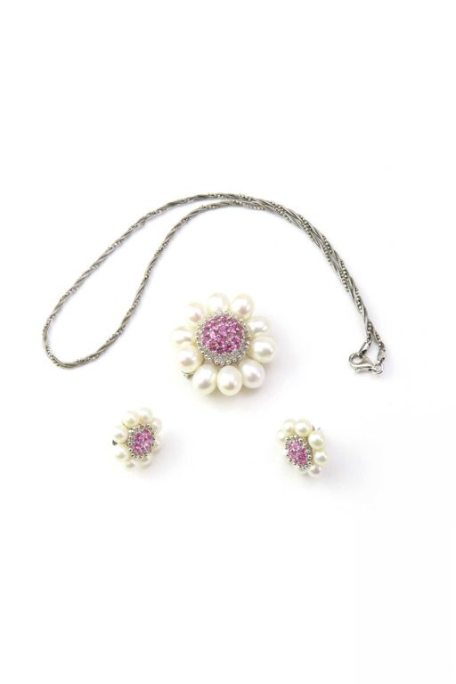 18k Gold and Silver Sapphire and Pearl Jewelry Set