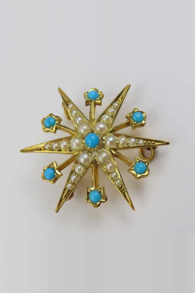 15k Gold Turquoise and Pearl Star Brooch