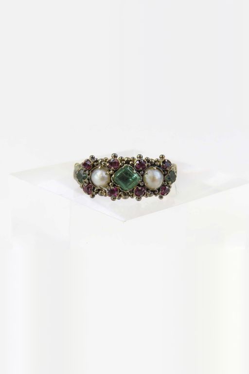 18k Gold Emerald, Pearl and Ruby Ring