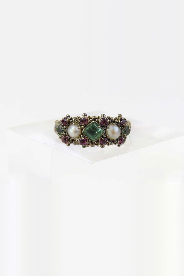 18k Gold Emerald, Pearl and Ruby Ring