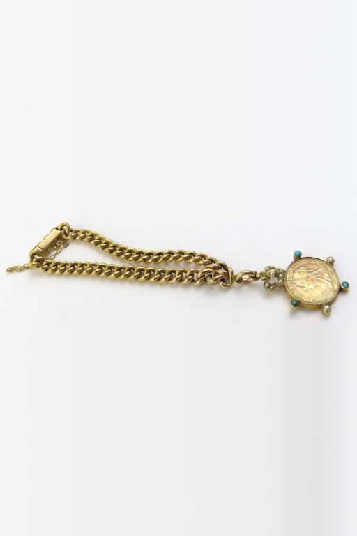 15k Gold Turquoise and Pearl Charm Chain Bracelet