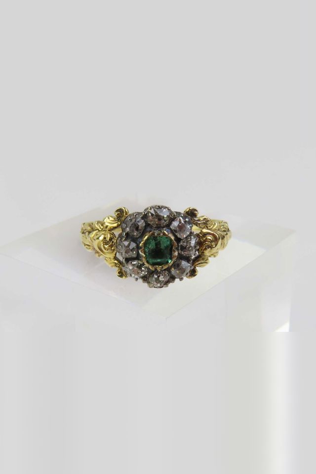 18k Gold Emerald and Diamond Cluster Ring