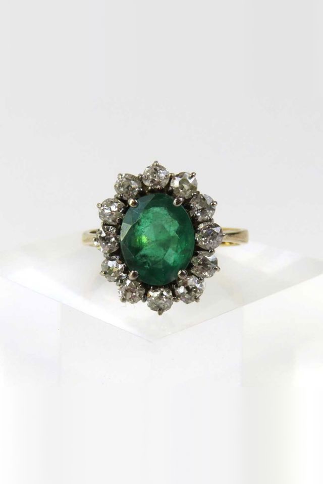 18k Gold Emerald and Diamond Cluster Ring