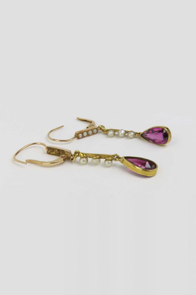 15k Gold Rhodolite and Pearl Pendant Earrings